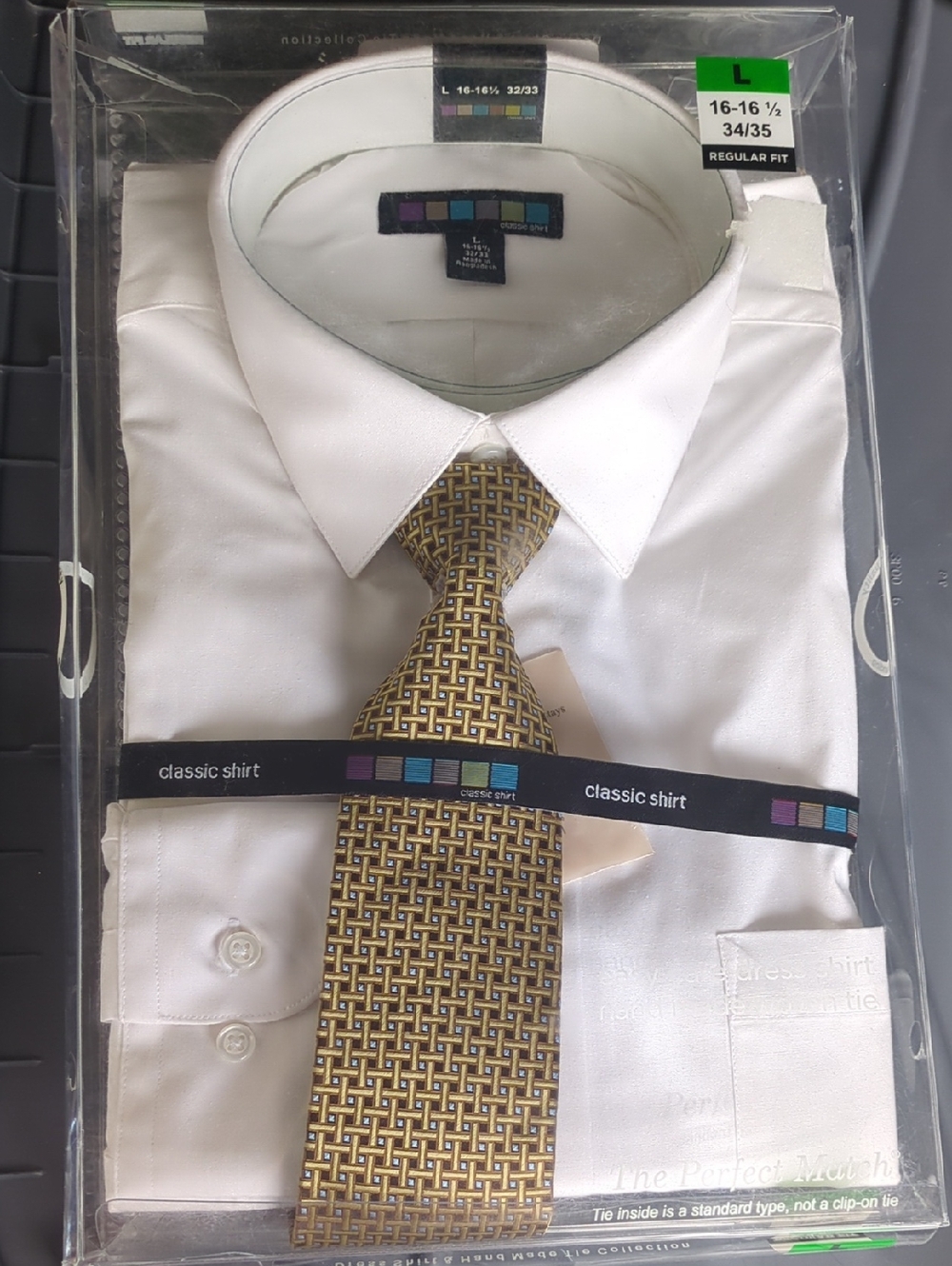 Lg LS Classic White Men's Dress Shirt with Yellow Pattern Neck Tie New In Box